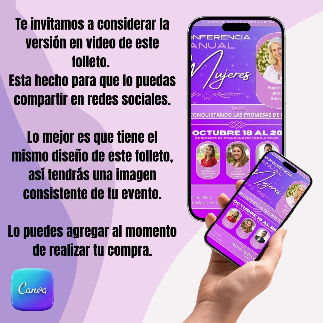 Folleto editable en canva para conferencia de mujeres