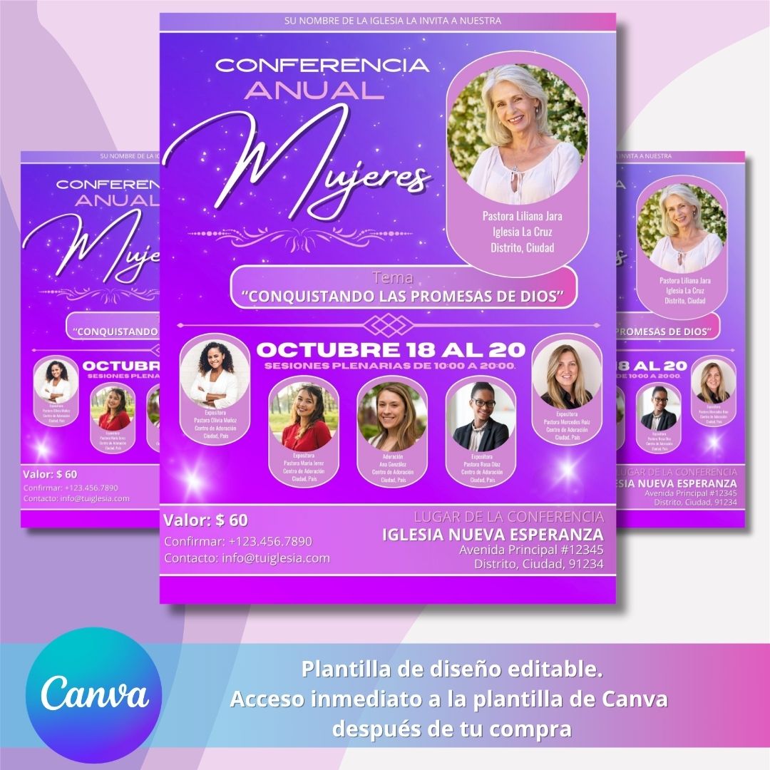 Folleto editable en canva para conferencia de mujeres