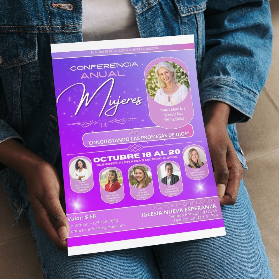 Folleto editable en canva para conferencia de mujeres