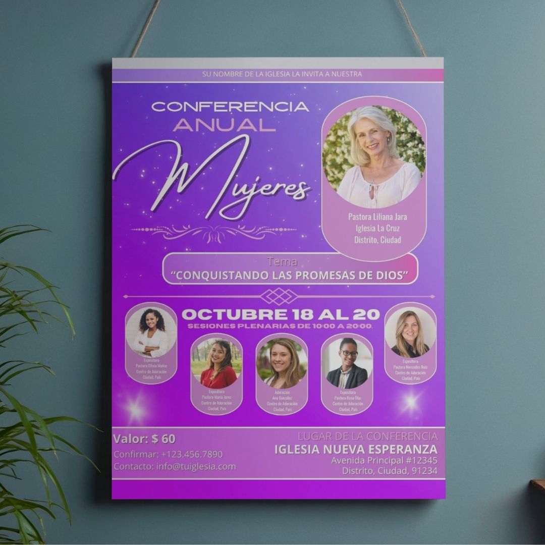 Folleto editable en canva para conferencia de mujeres