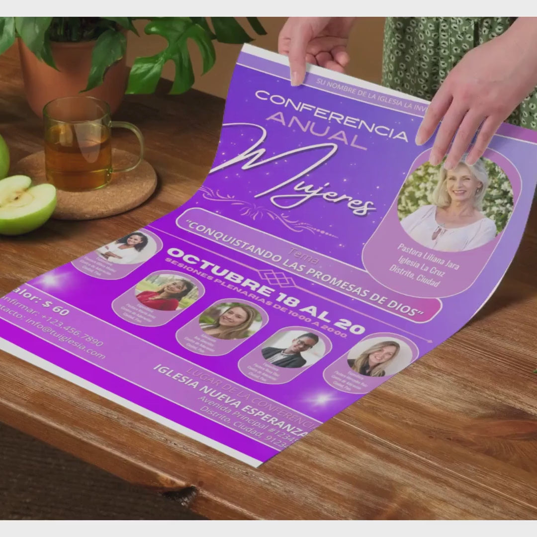 Folleto editable en canva para conferencia de mujeres